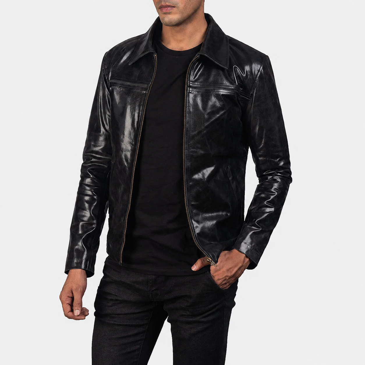 Men’s Black Cowhide Leather Jacket with Shirt Collar