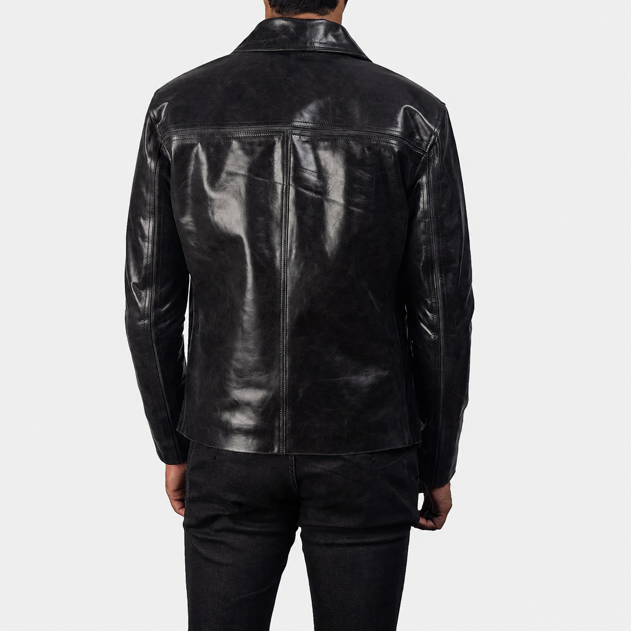 Men’s Black Cowhide Leather Jacket with Shirt Collar