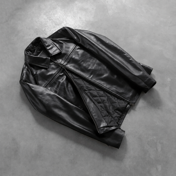 Men’s Black Cowhide Leather Jacket with Shirt Collar
