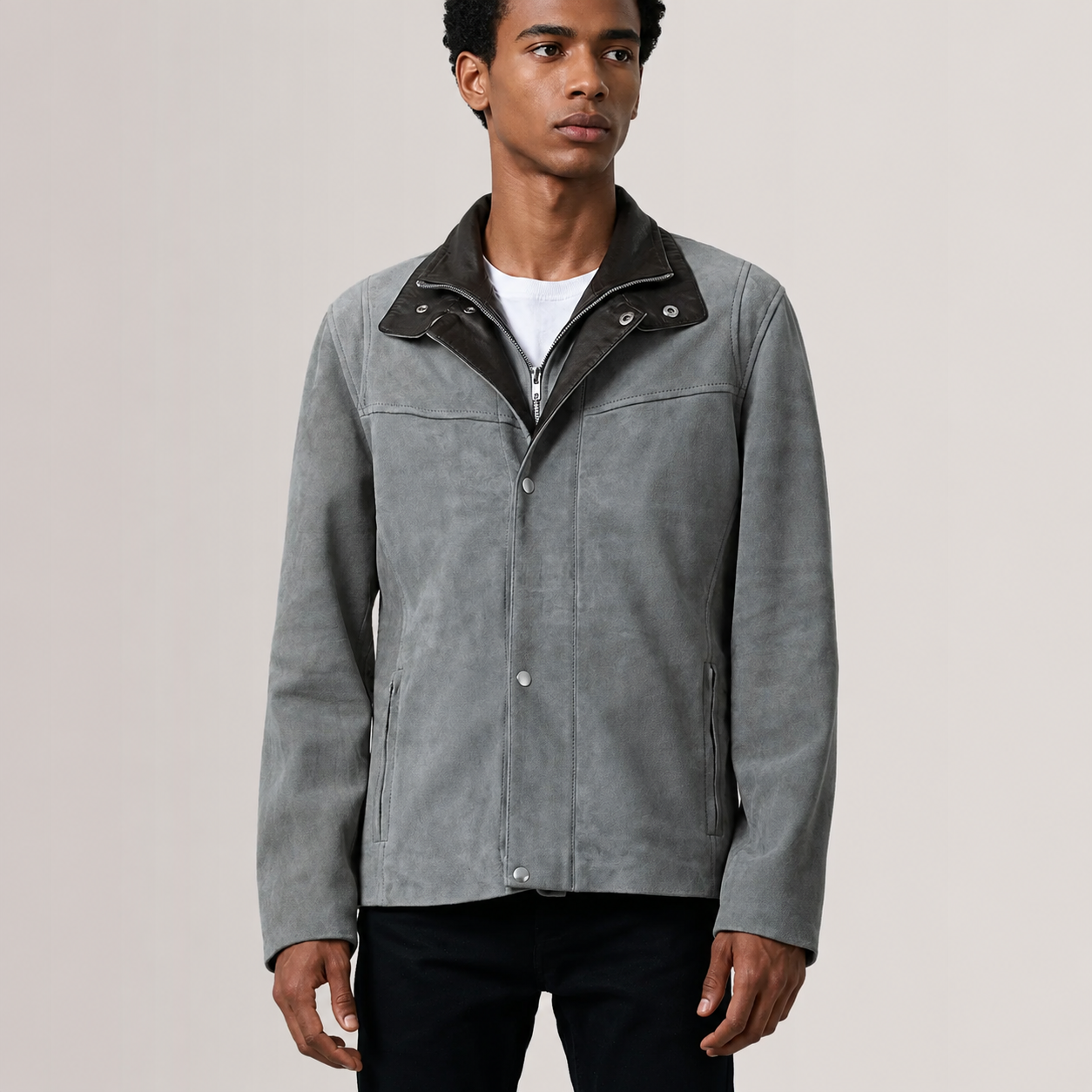 Men’s Grey Goatskin Suede Cafe Racer Jacket