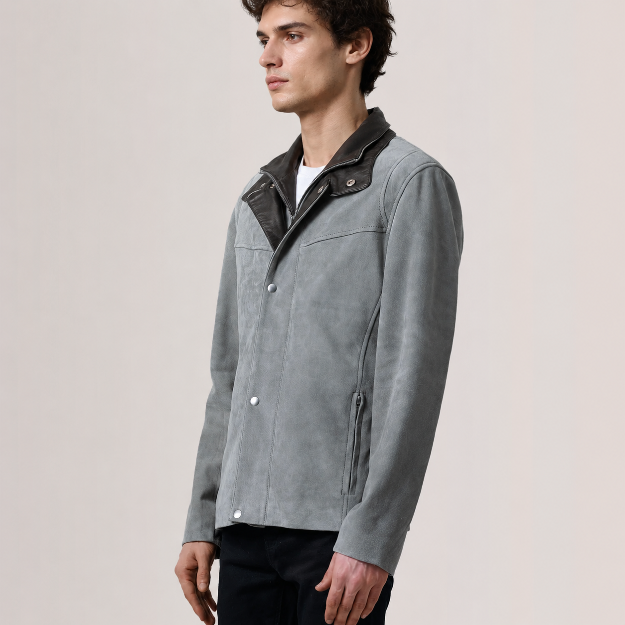 Men’s Grey Goatskin Suede Cafe Racer Jacket