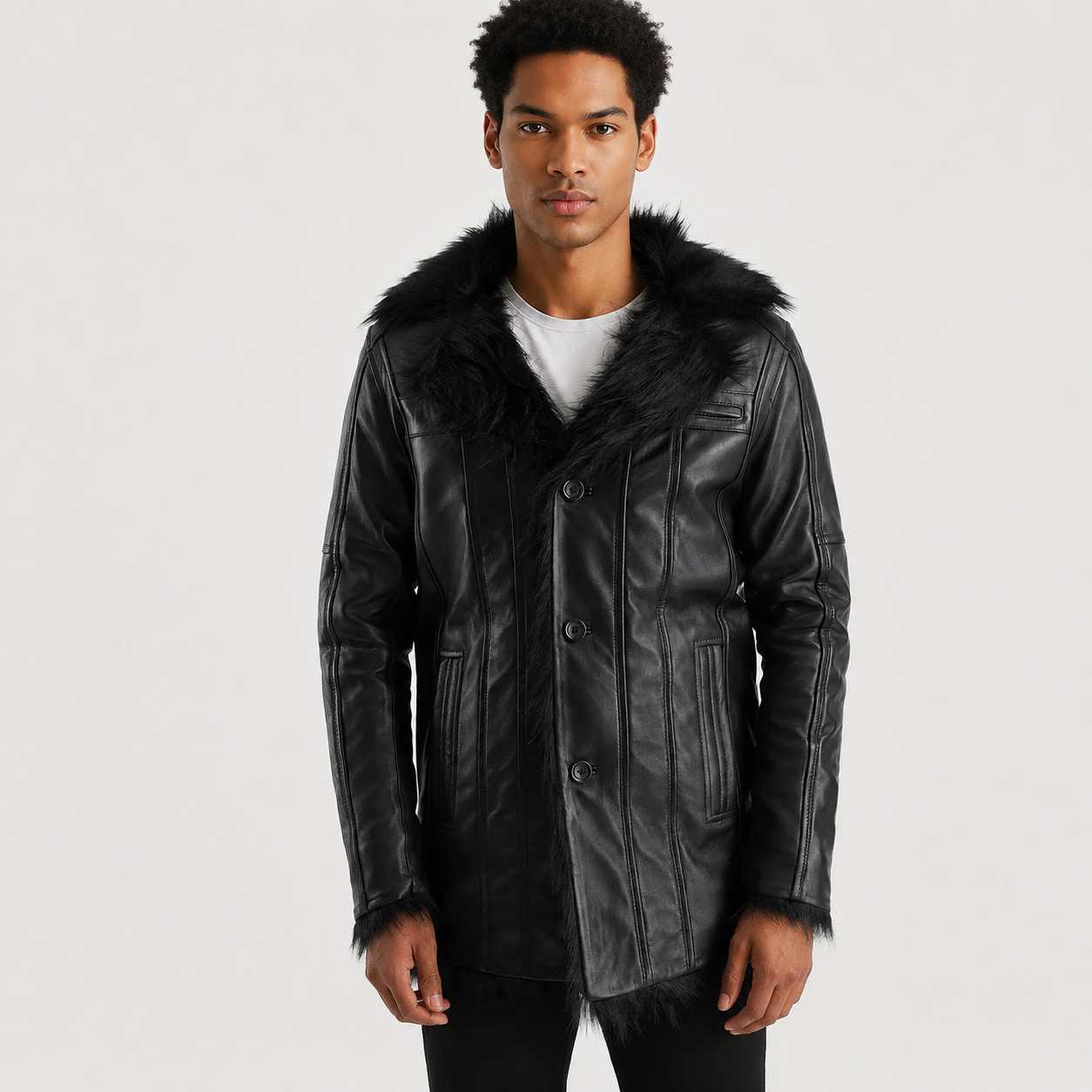 Men’s Black Sheepskin Leather Coat with Faux Fur Lining