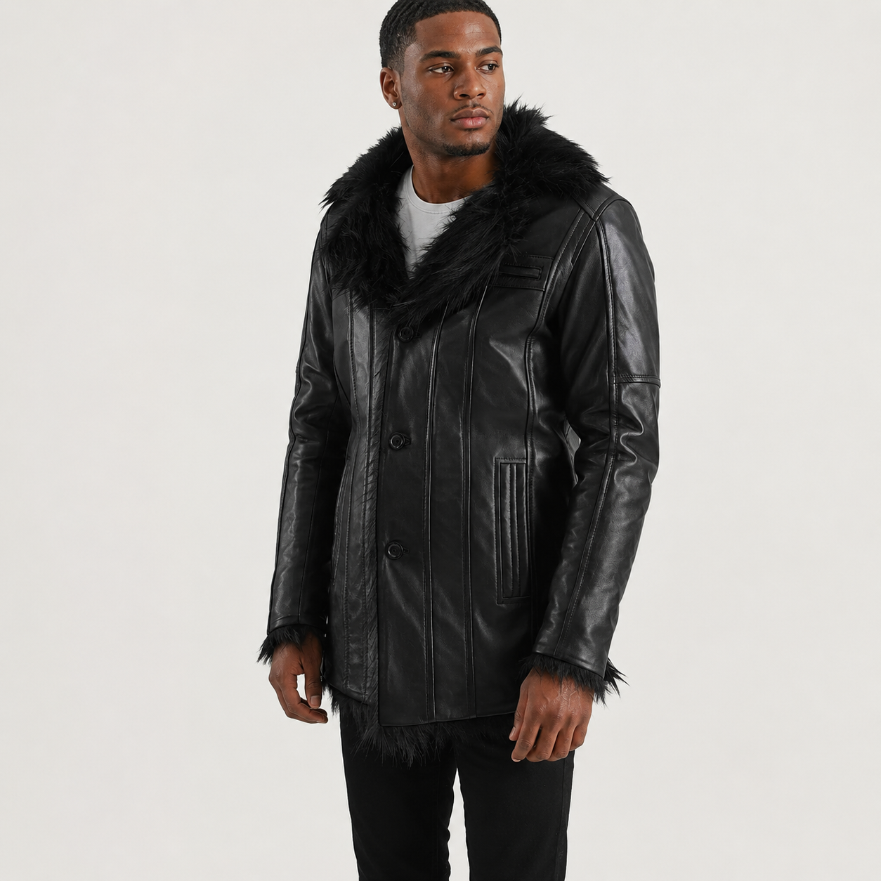 Men’s Black Sheepskin Leather Coat with Faux Fur Lining