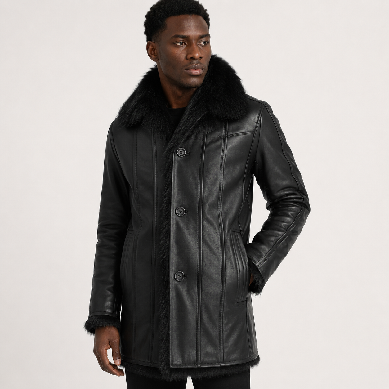 Men’s Black Sheepskin Leather Coat with Faux Fur Lining