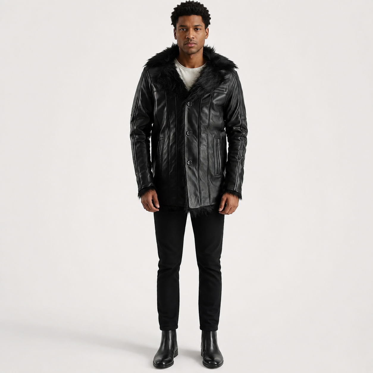 Men’s Black Sheepskin Leather Coat with Faux Fur Lining
