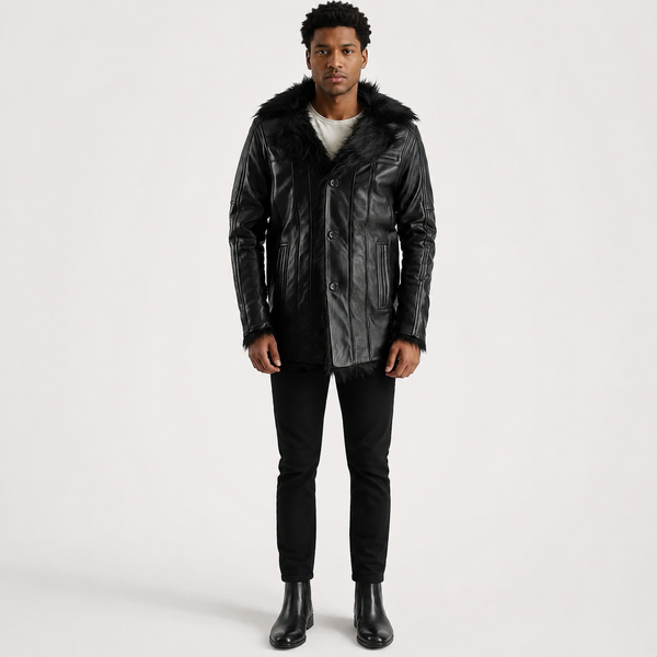 Men’s Black Sheepskin Leather Coat with Faux Fur Lining