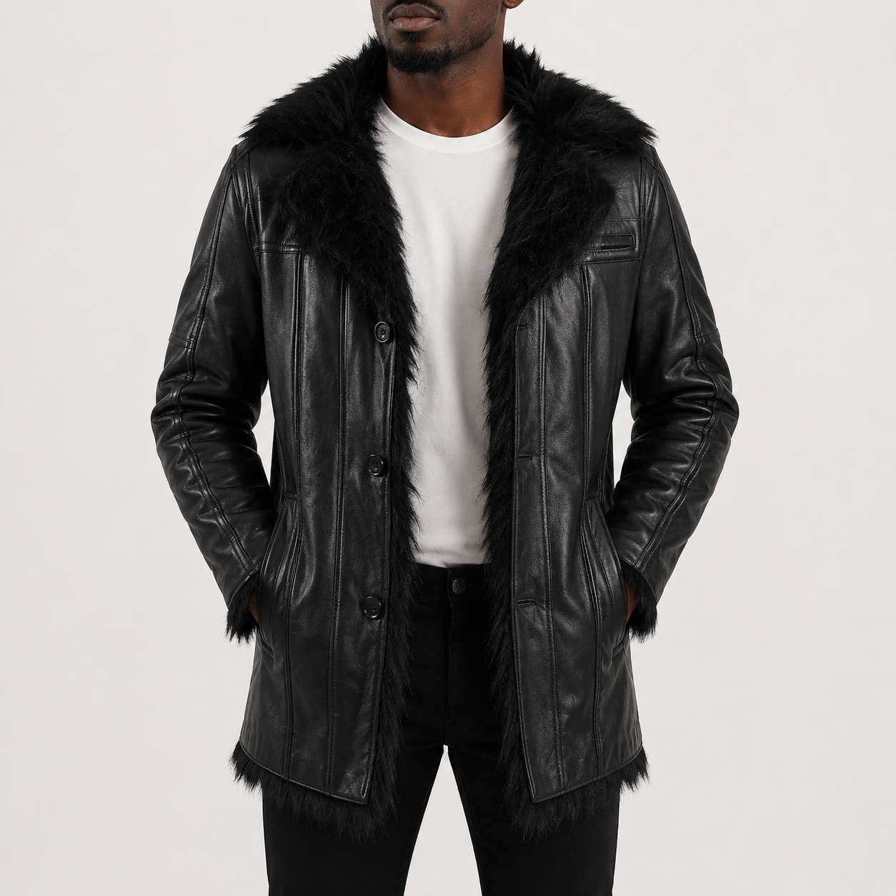 Men’s Black Sheepskin Leather Coat with Faux Fur Lining