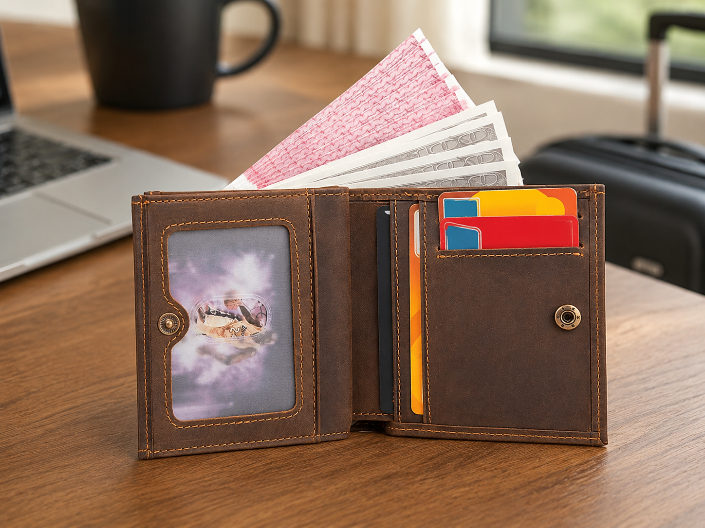 Full-Grain Leather RFID Bifold Wallet – Coin Pocket, Card & ID Organizer