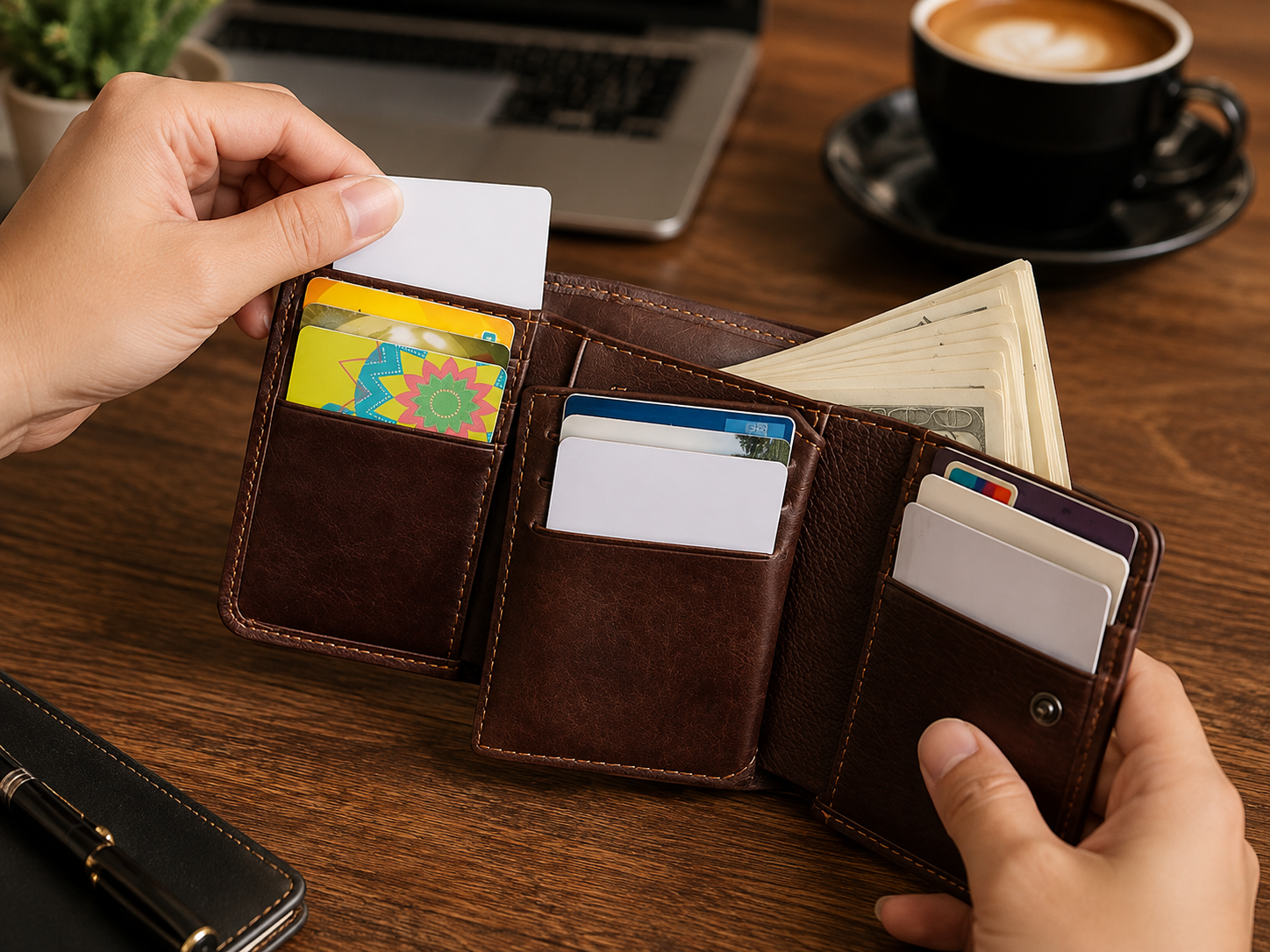 Handmade Leather Trifold Wallet with Multiple Card Slots