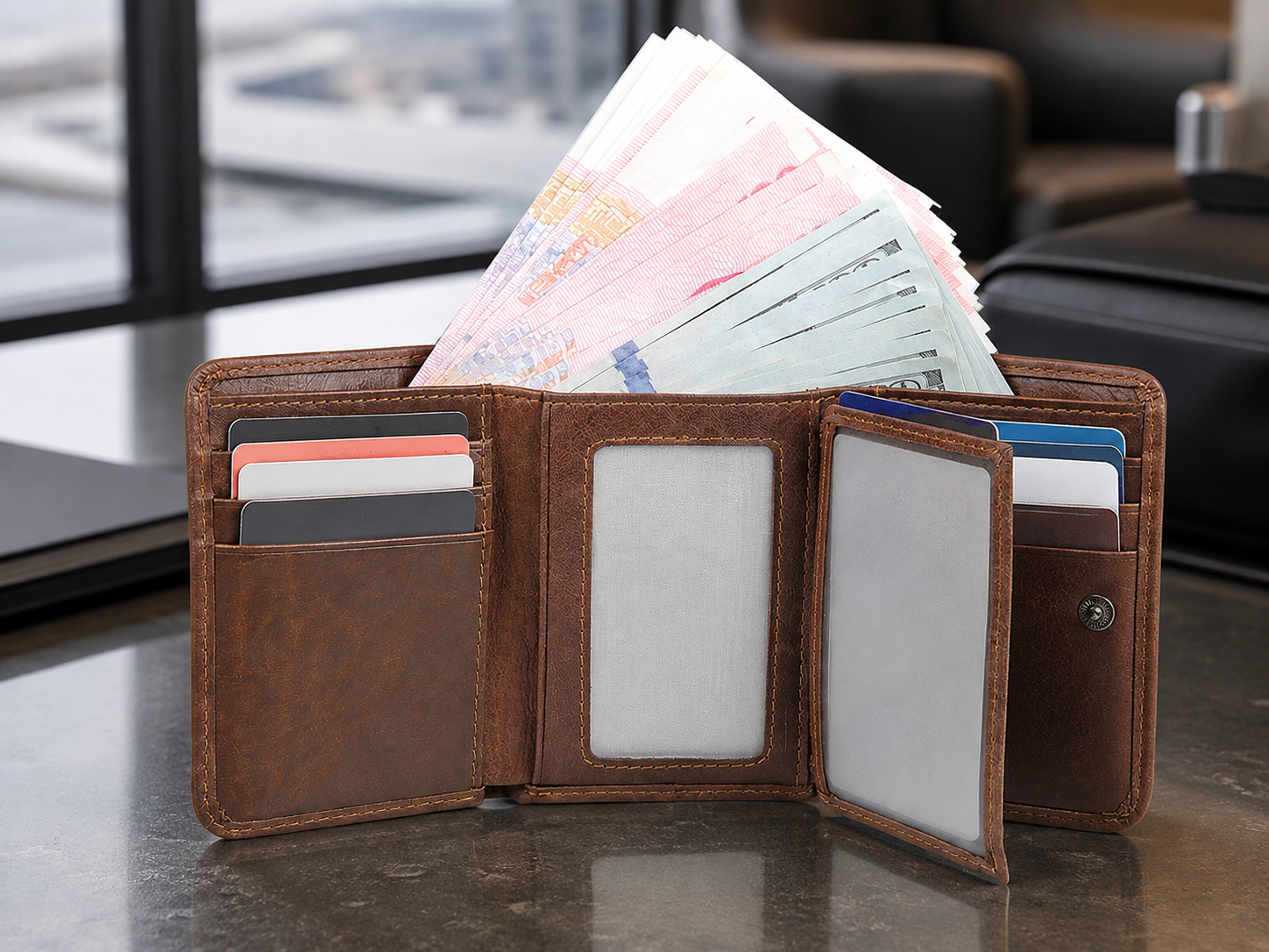 Handmade Leather Trifold Wallet with Multiple Card Slots