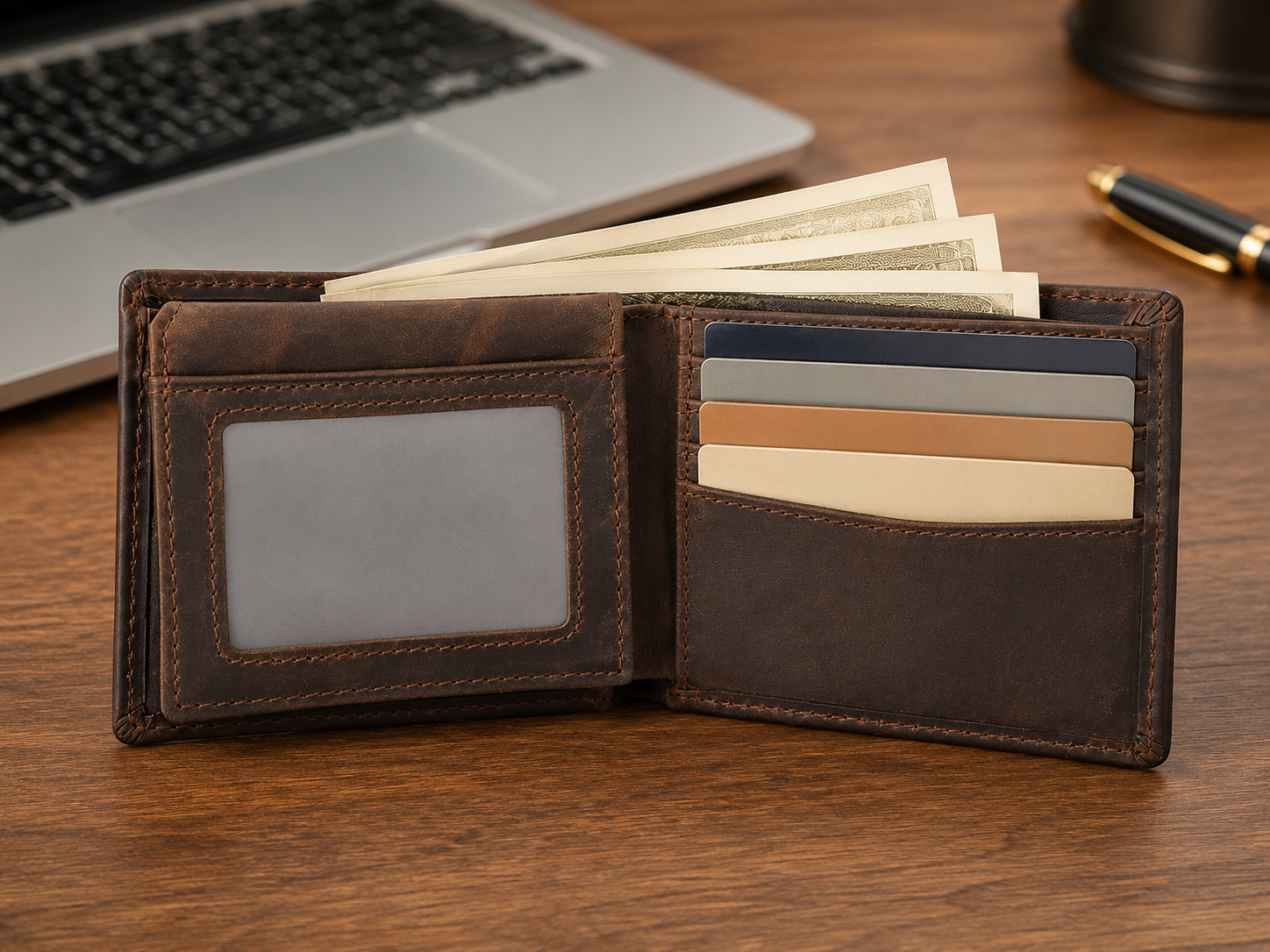 Handmade Full-Grain Leather Bifold Wallet – Dual ID & 8-Card Organizer