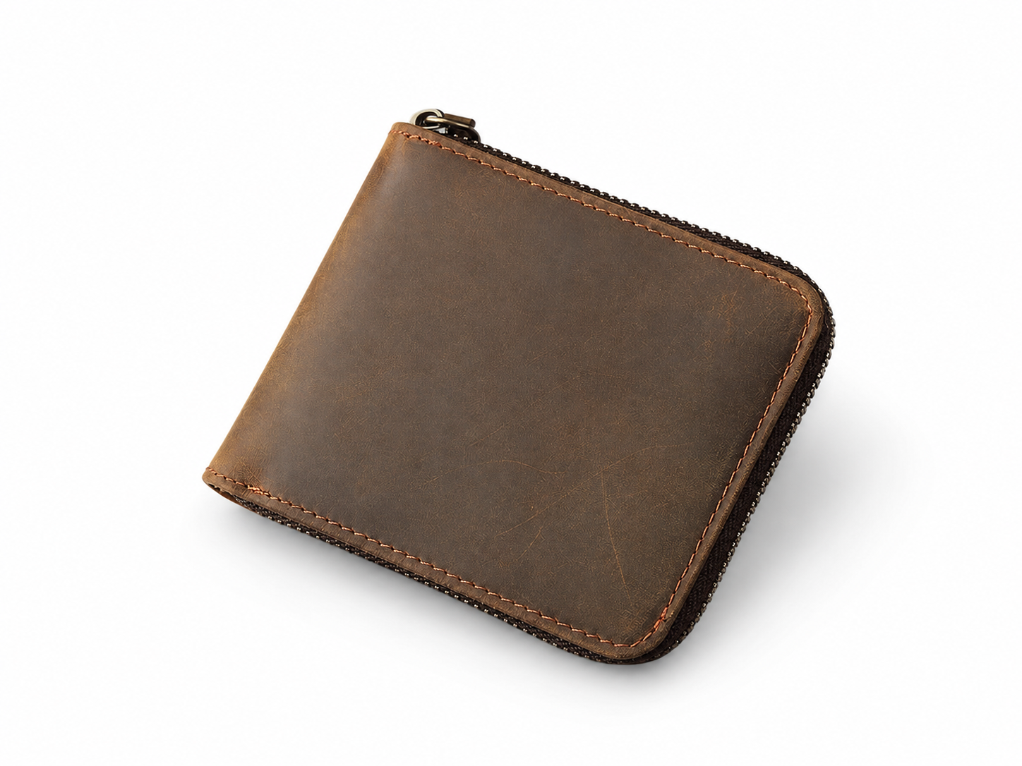 Vintage Full-Grain Leather Zip Wallet – Card, Coin & Cash Organizer