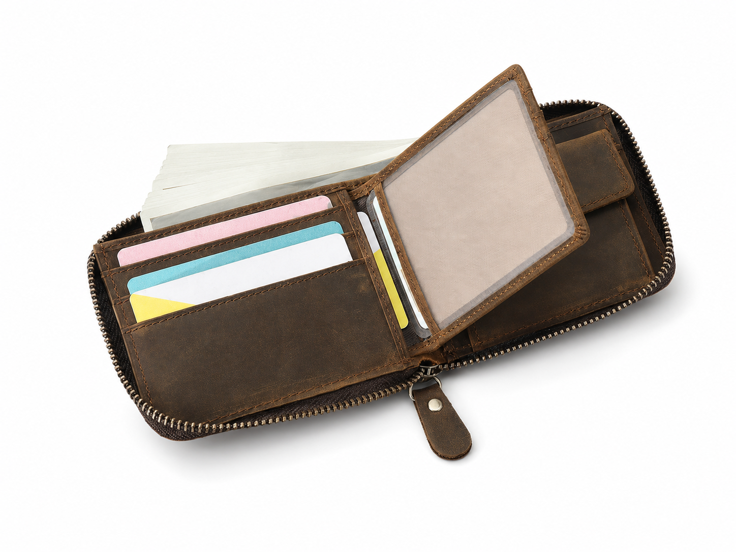 Vintage Full-Grain Leather Zip Wallet – Card, Coin & Cash Organizer
