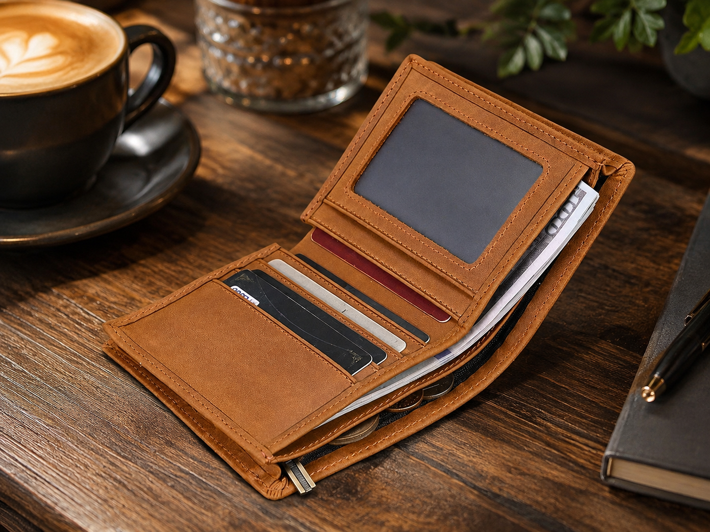 Large Capacity Full-Grain Leather Bifold Wallet – 12-Card, Dual ID & Coin Organizer