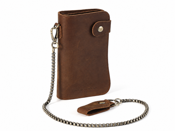 Full-Grain Leather Long Wallet – 12-Card Biker Wallet with Security Chain