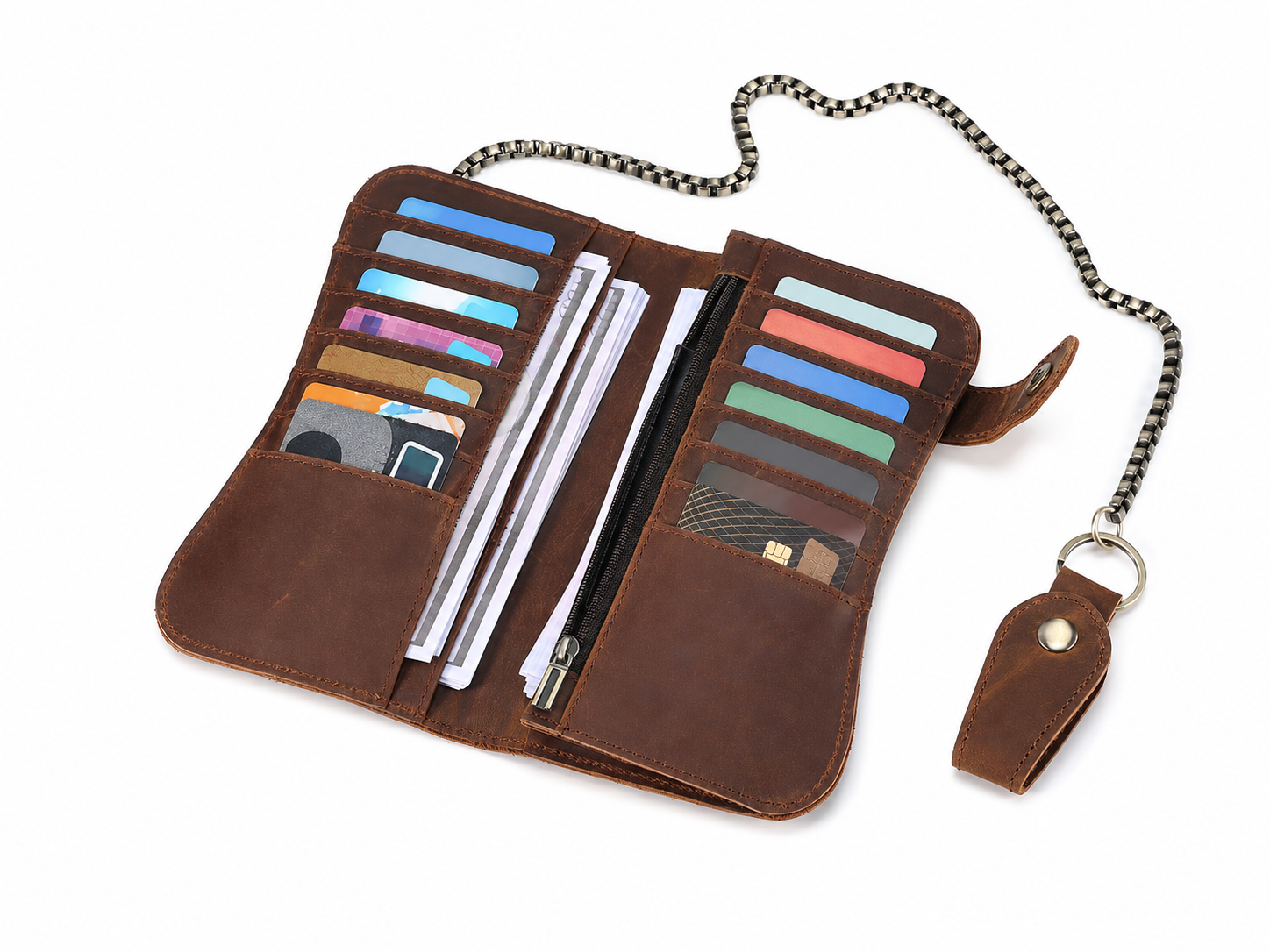 Full-Grain Leather Long Wallet – 12-Card Biker Wallet with Security Chain