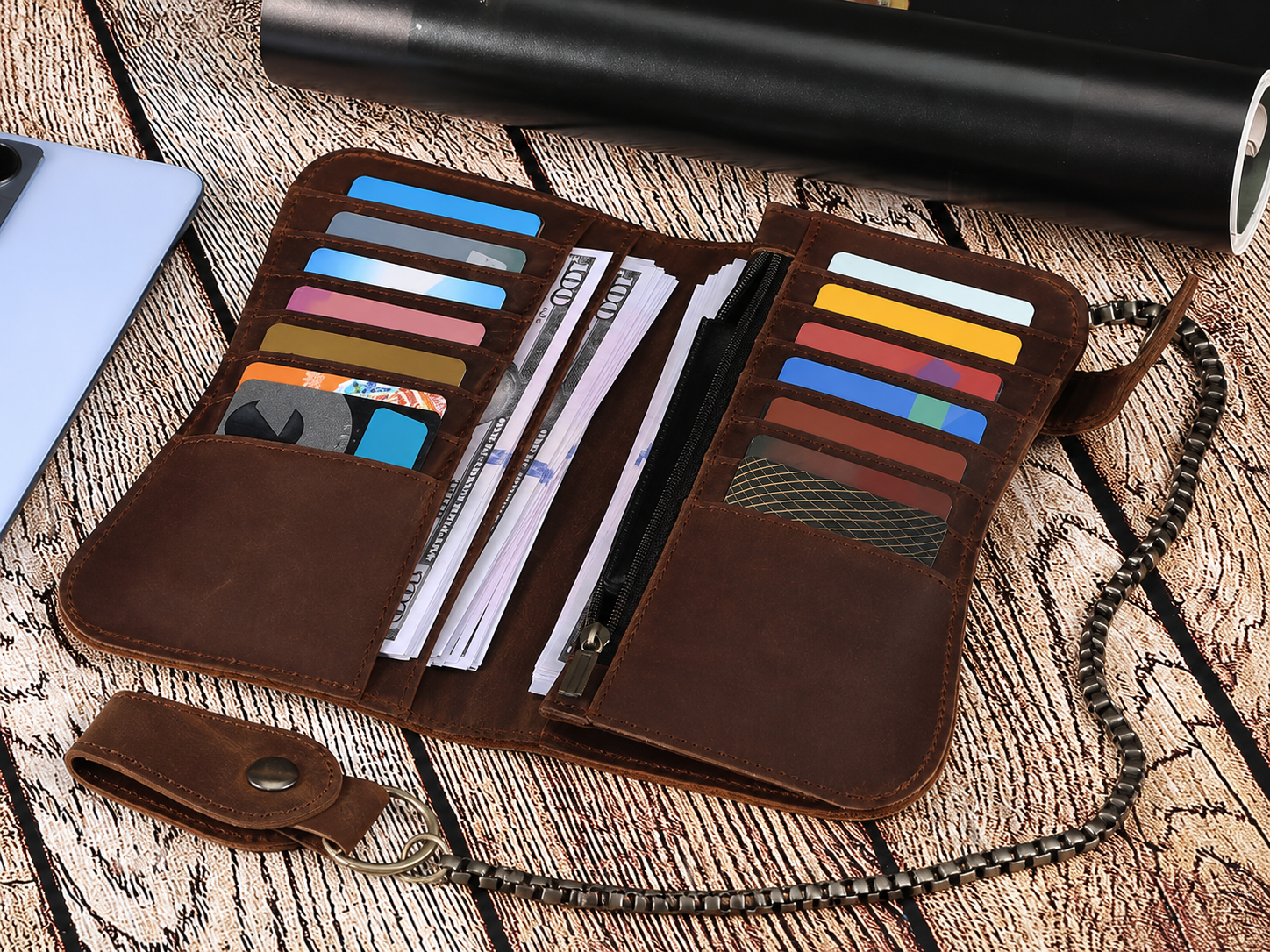 Full-Grain Leather Long Wallet – 12-Card Biker Wallet with Security Chain