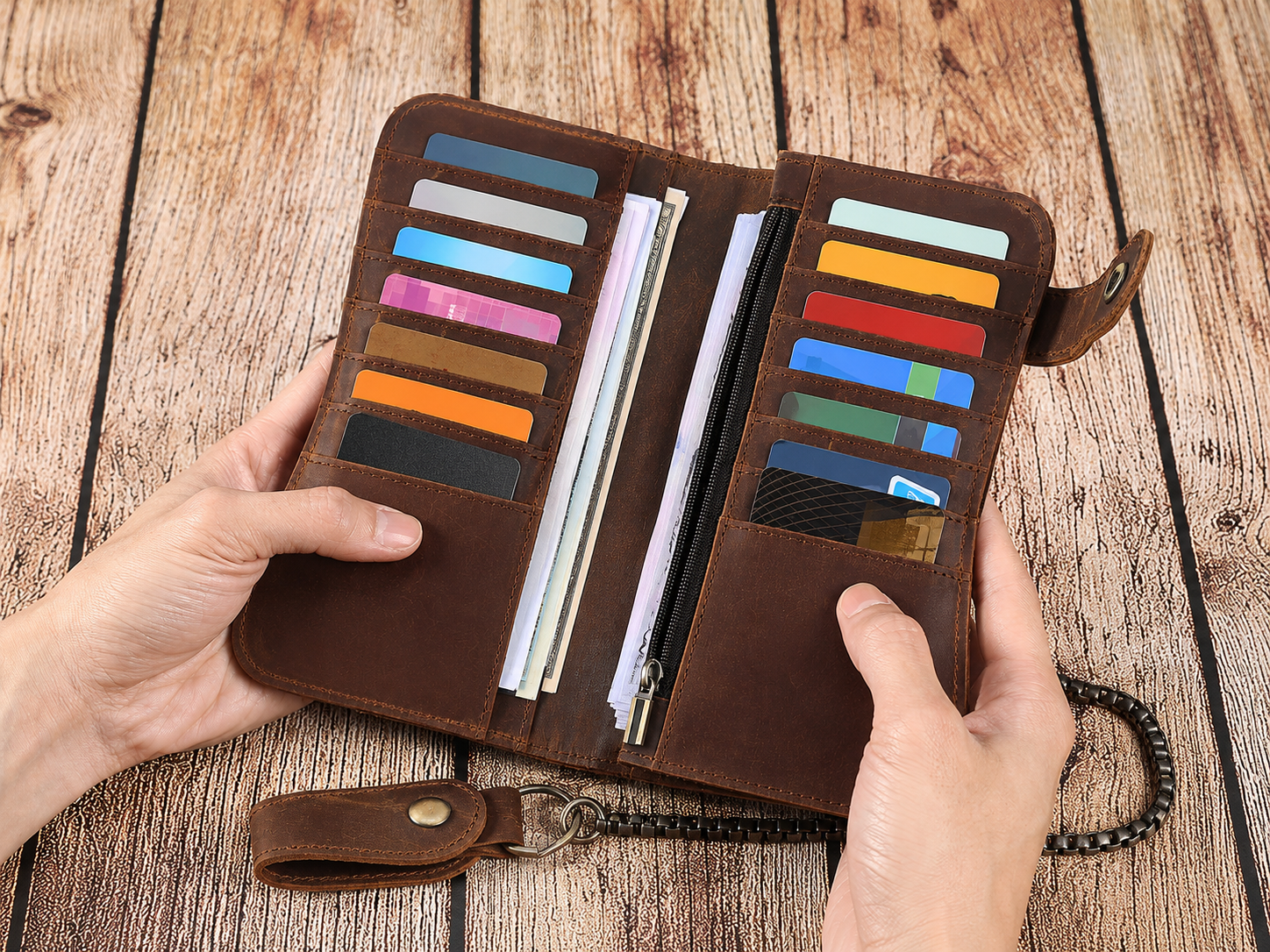 Full-Grain Leather Long Wallet – 12-Card Biker Wallet with Security Chain