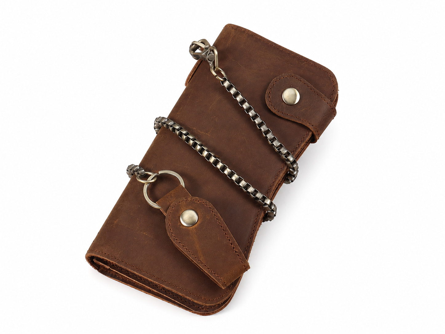 Full-Grain Leather Long Wallet – 12-Card Biker Wallet with Security Chain