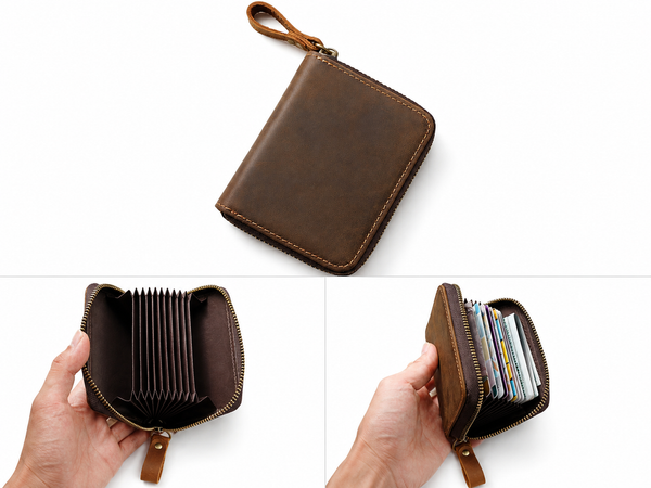 Full-Grain Leather Accordion Zip Wallet – 12-Card, Coin & Cash Organizer