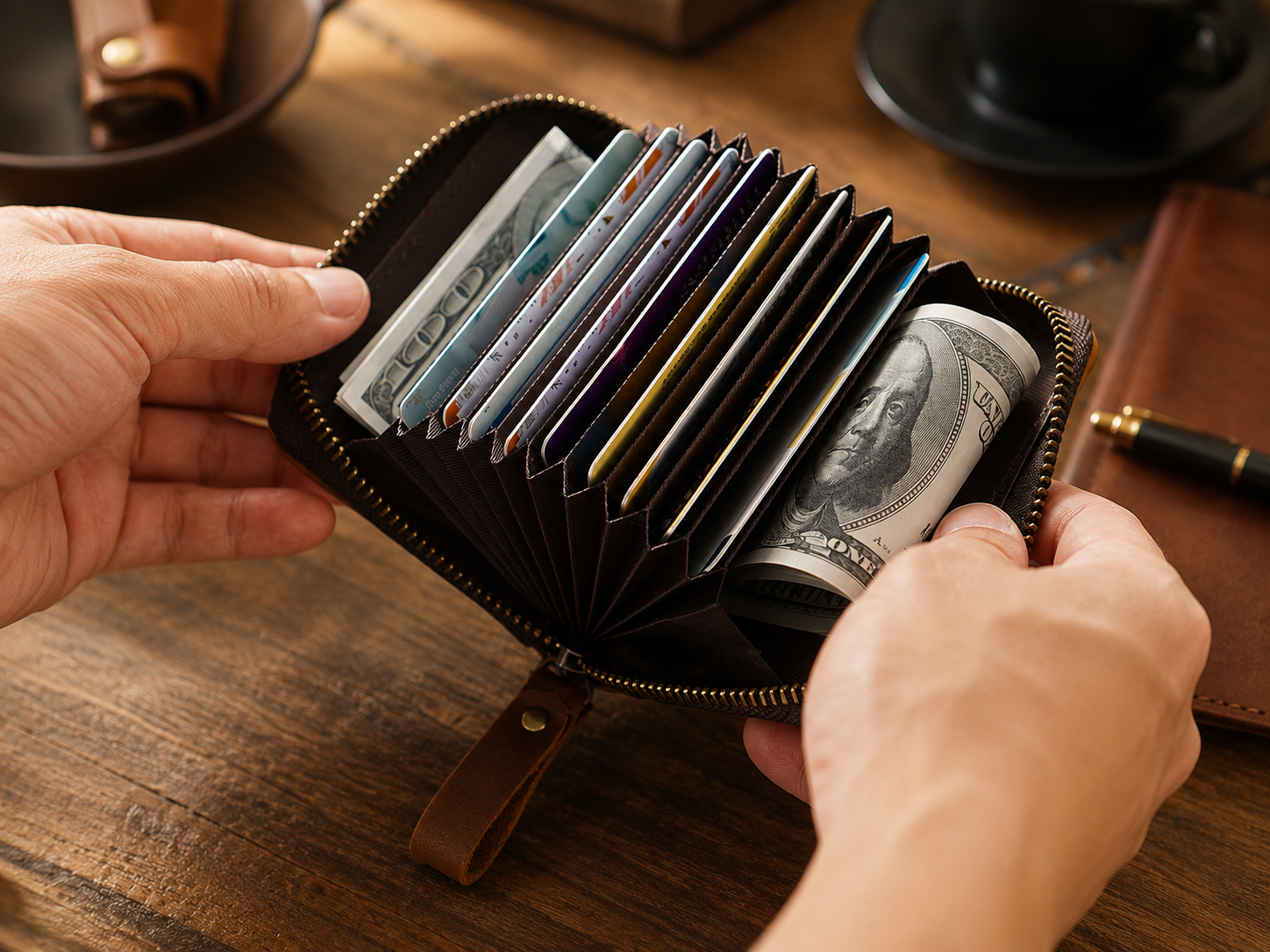 Full-Grain Leather Accordion Zip Wallet – 12-Card, Coin & Cash Organizer