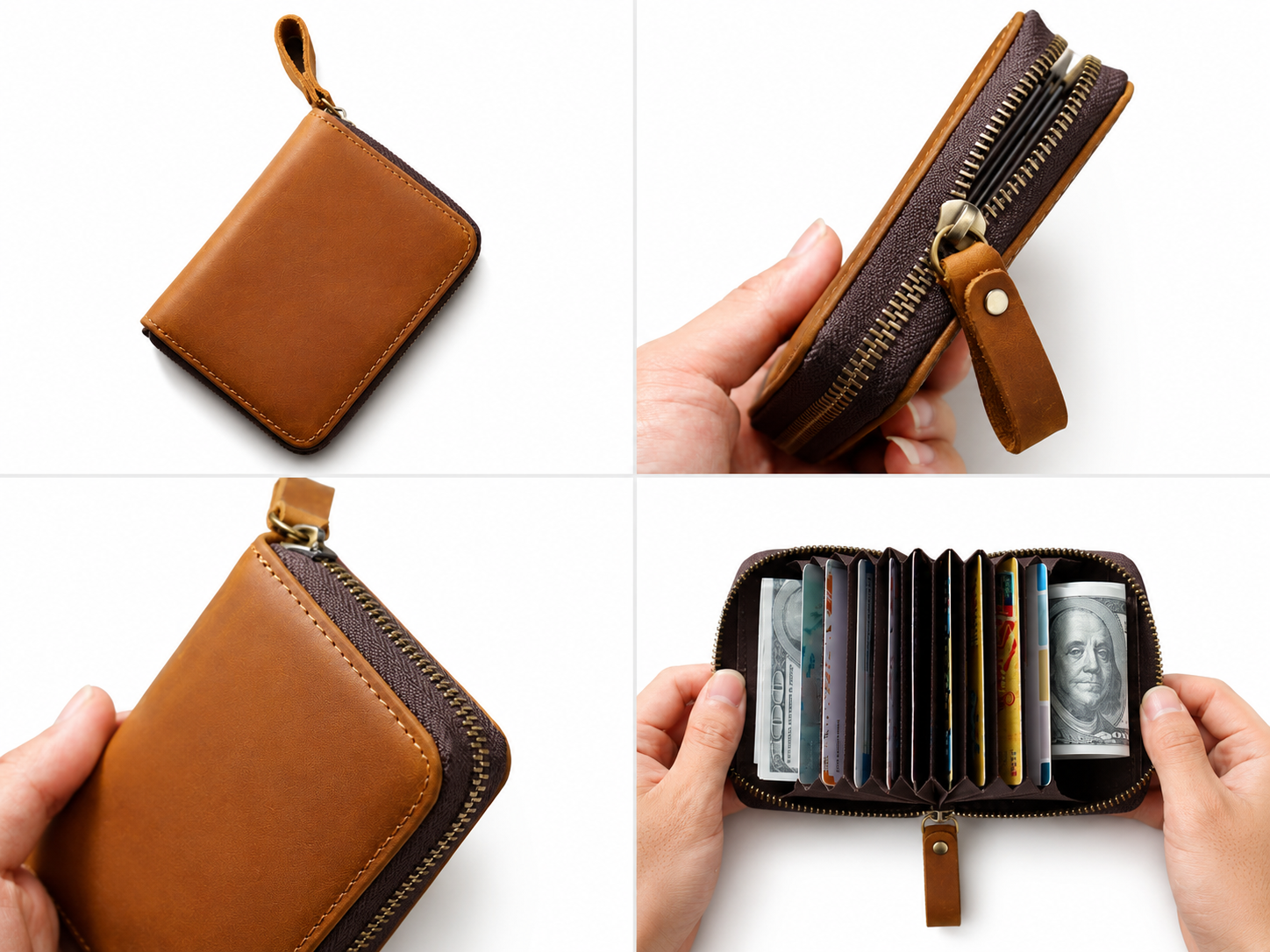 Full-Grain Leather Accordion Zip Wallet – 12-Card, Coin & Cash Organizer