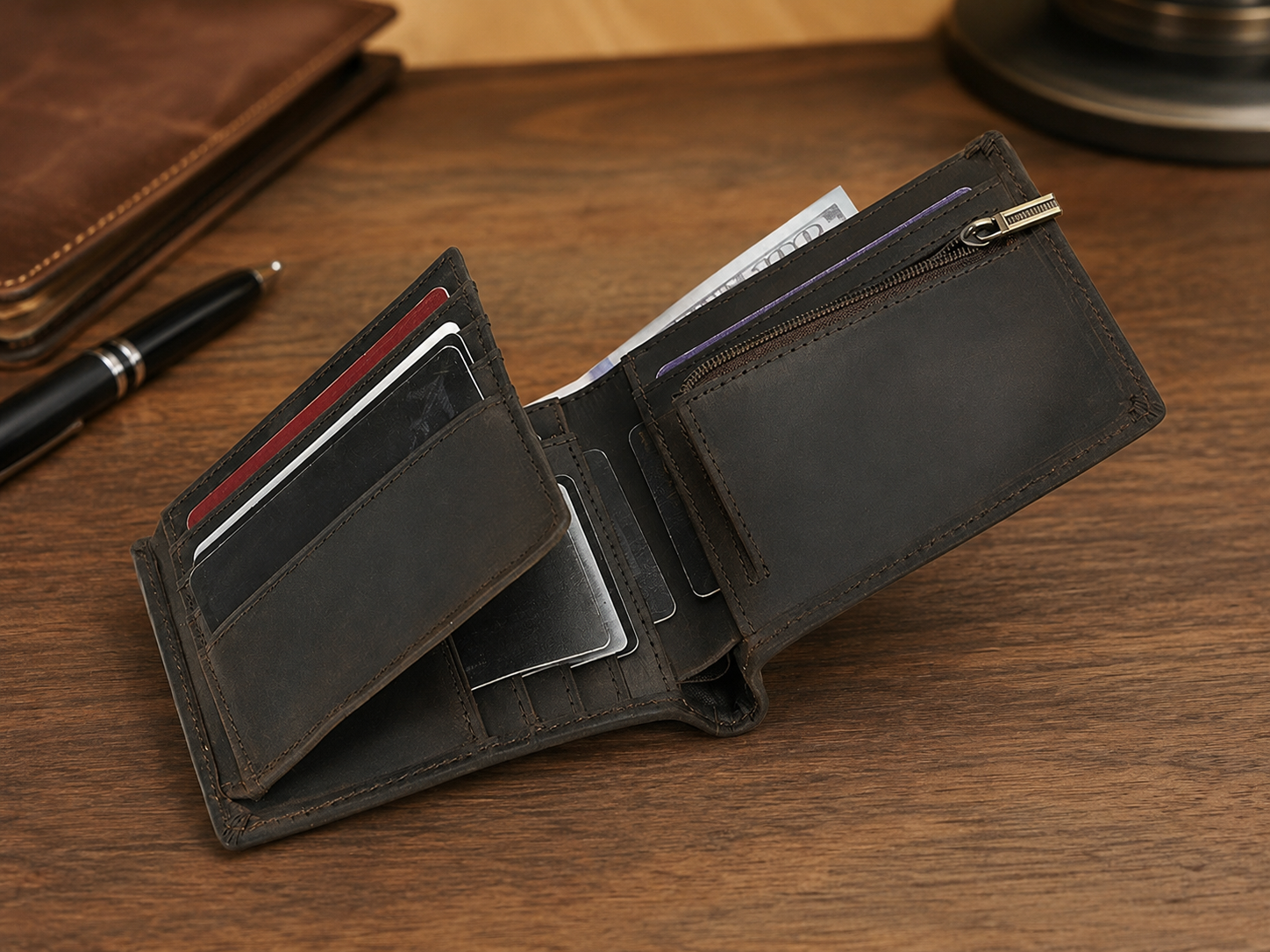 Men's Full-Grain Leather Slim Trifold Wallet – Card, ID & Coin Organizer