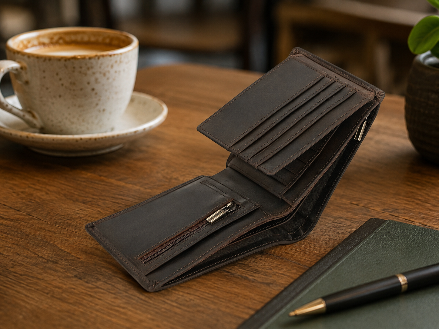 Men's Full-Grain Leather Slim Trifold Wallet – Card, ID & Coin Organizer