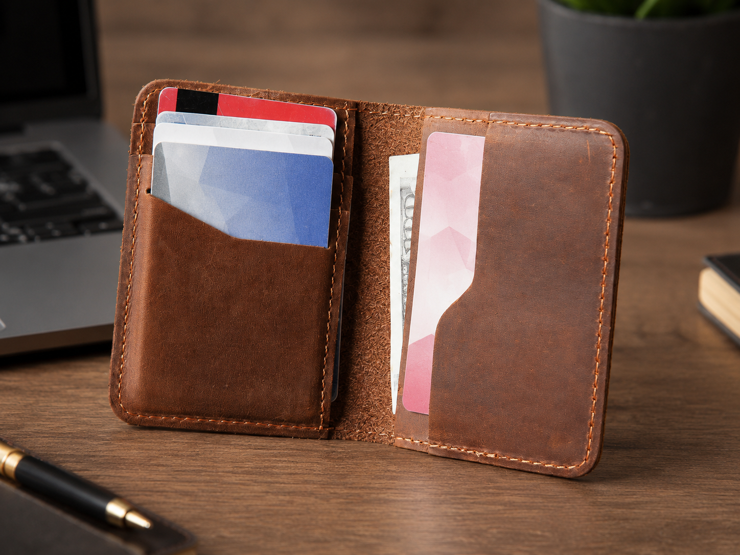 Men's Minimalist Full-Grain Leather Bifold Wallet – Slim Card & Cash Holder