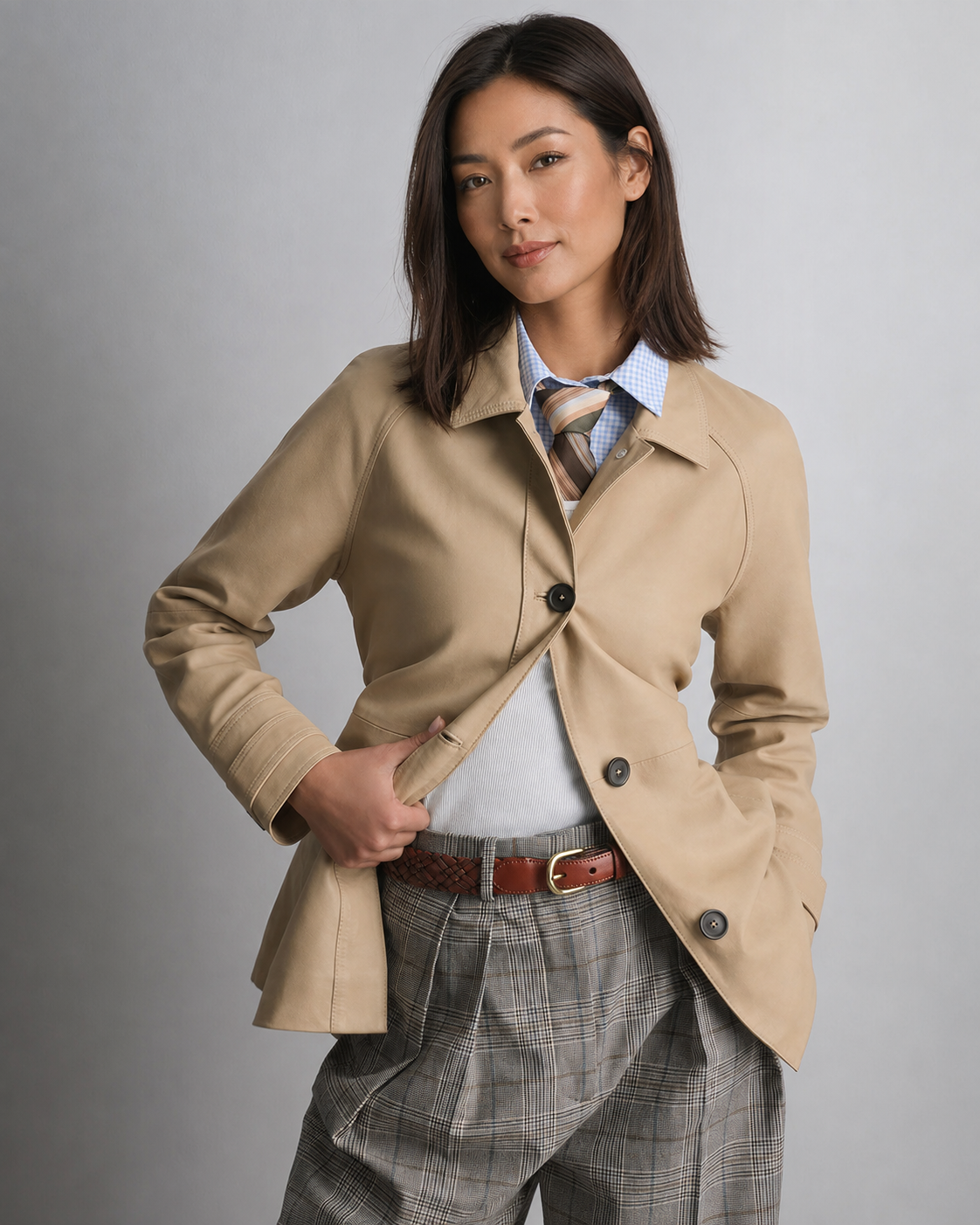 Women’s Lightweight Genuine Goat Leather Short Trench Coat