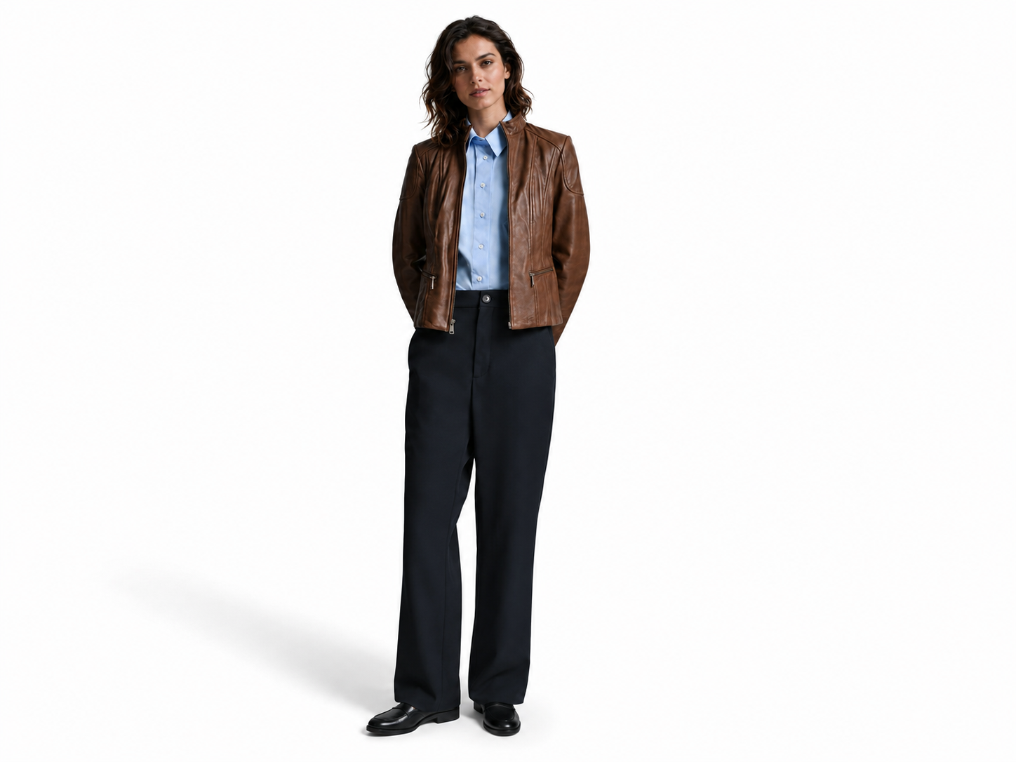 Women’s Genuine Leather Scuba Jacket with Short Collar
