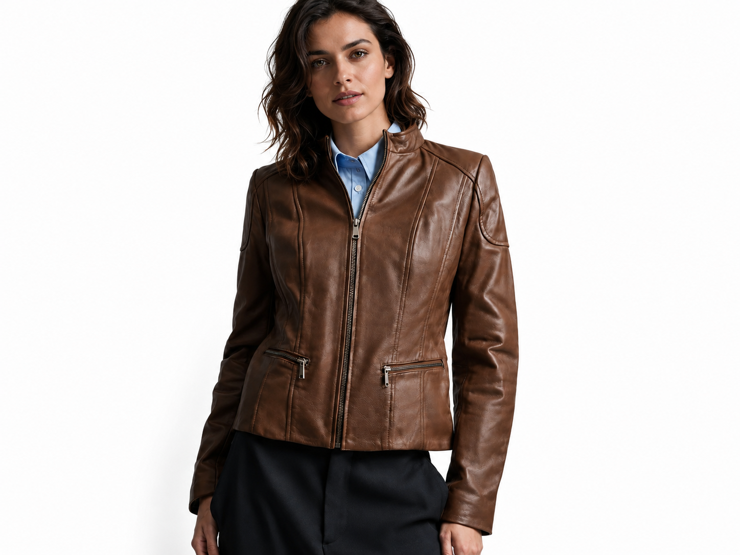 Women’s Genuine Leather Scuba Jacket with Short Collar