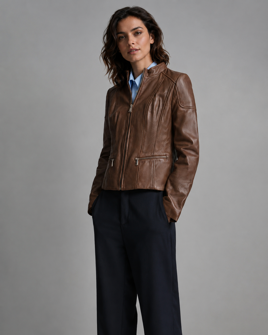 Women’s Genuine Leather Scuba Jacket with Short Collar