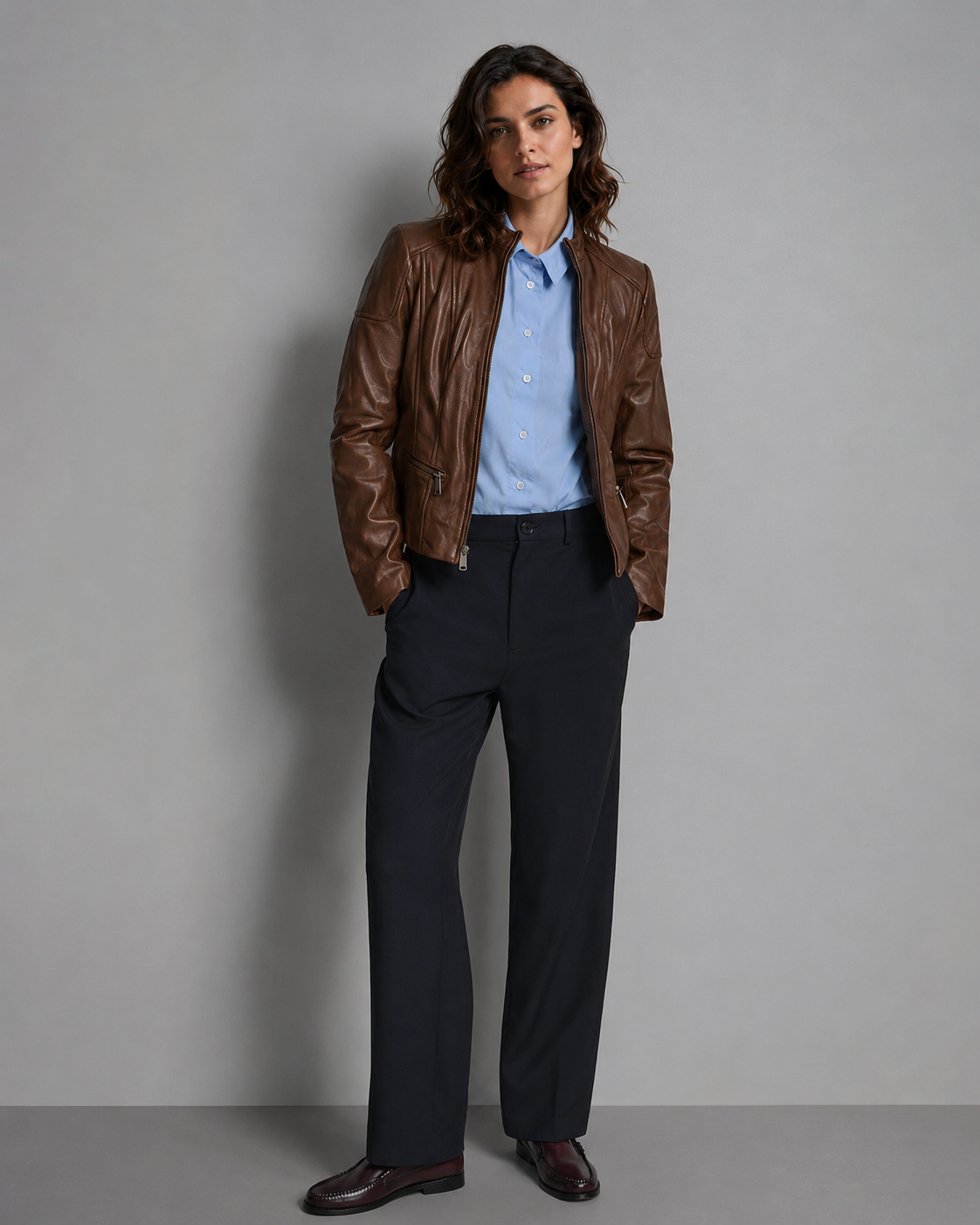 Women’s Genuine Leather Scuba Jacket with Short Collar