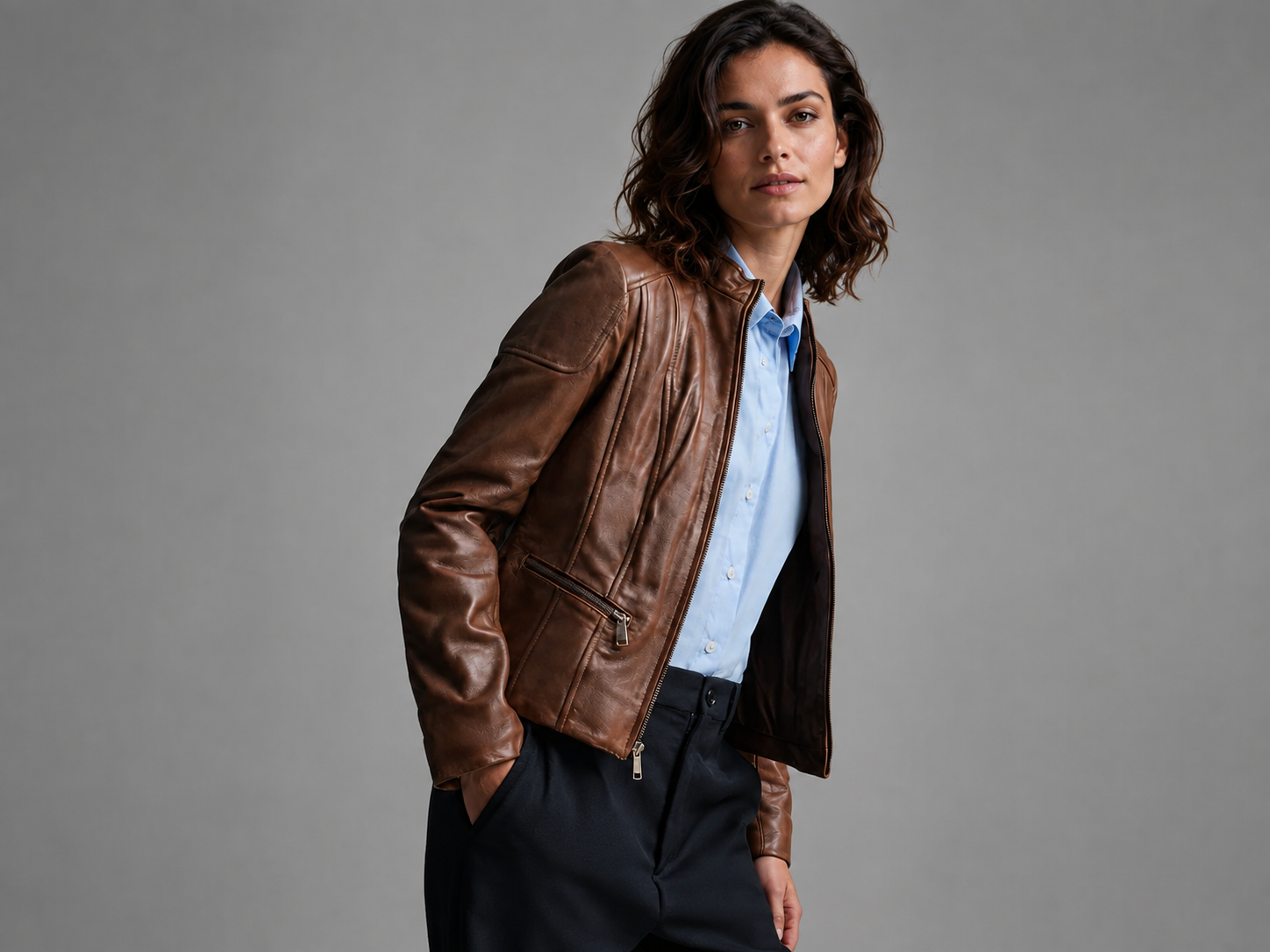 Women’s Genuine Leather Scuba Jacket with Short Collar