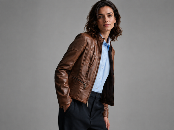 Women’s Genuine Leather Scuba Jacket with Short Collar