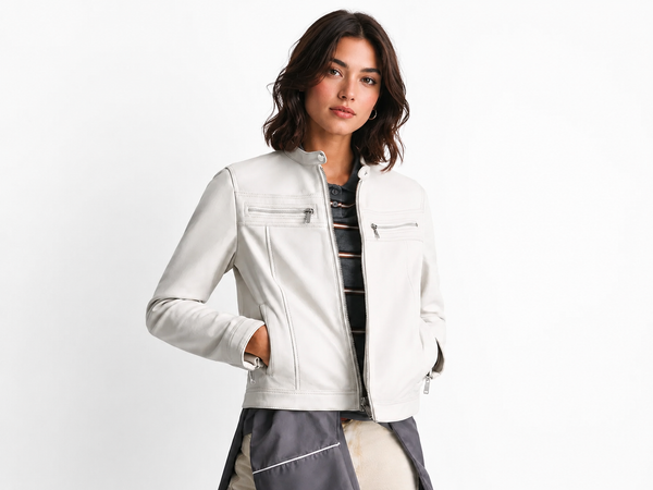Women’s Genuine Lamb Leather Racer Jacket with Stand Collar