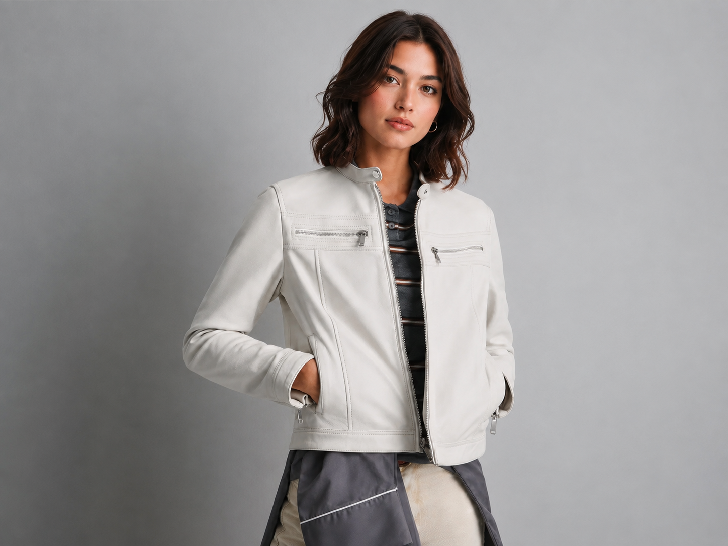 Women’s Genuine Lamb Leather Racer Jacket with Stand Collar