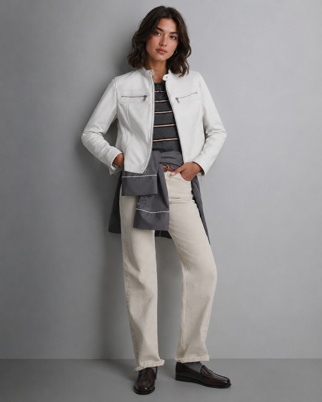 Women’s Genuine Lamb Leather Racer Jacket with Stand Collar