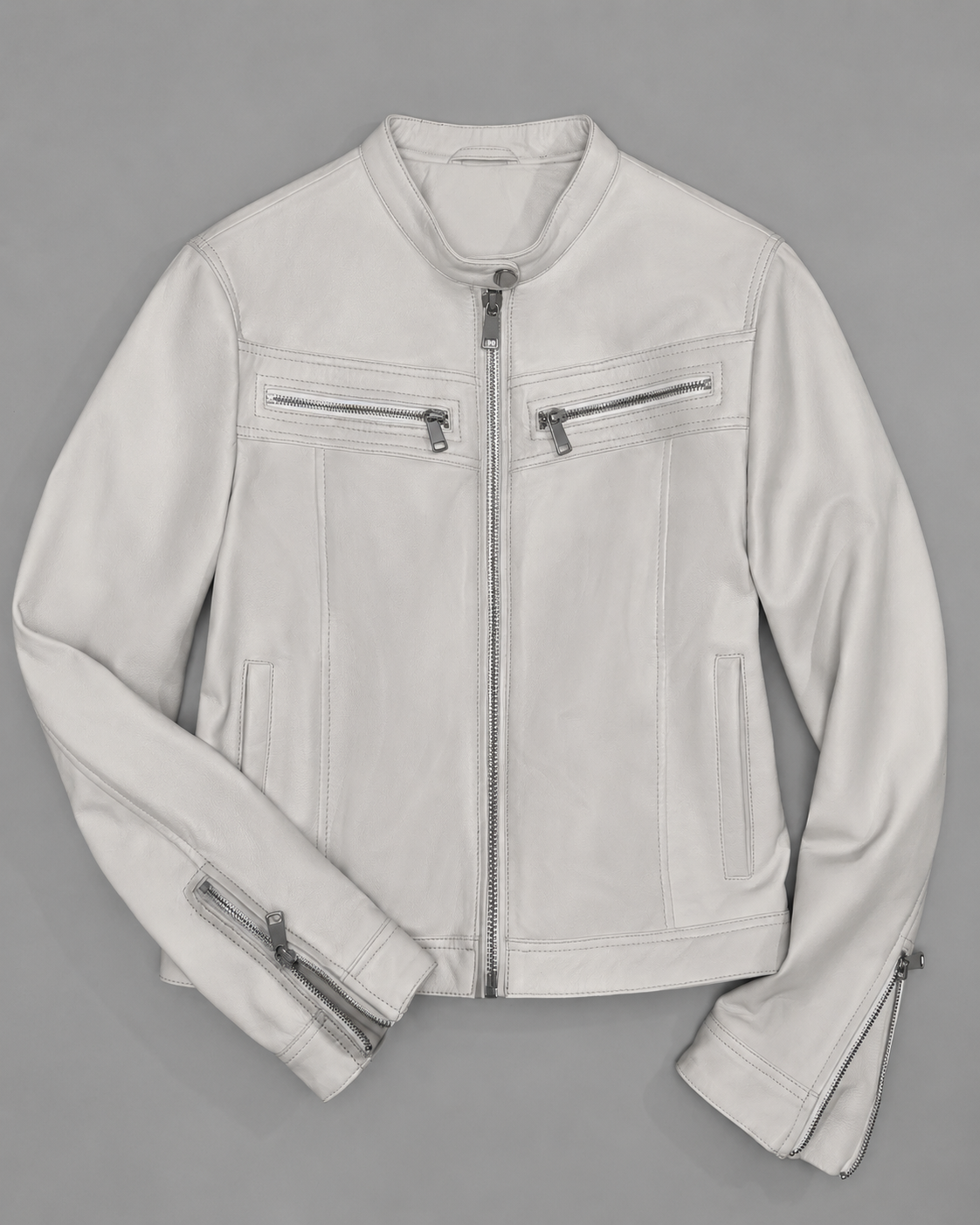 Women’s Genuine Lamb Leather Racer Jacket with Stand Collar