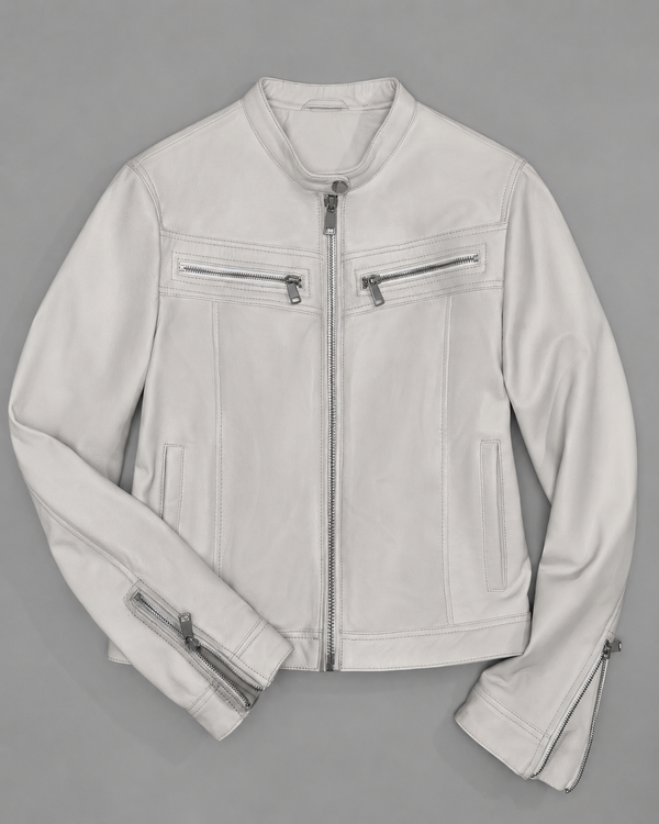 Women’s Genuine Lamb Leather Racer Jacket with Stand Collar