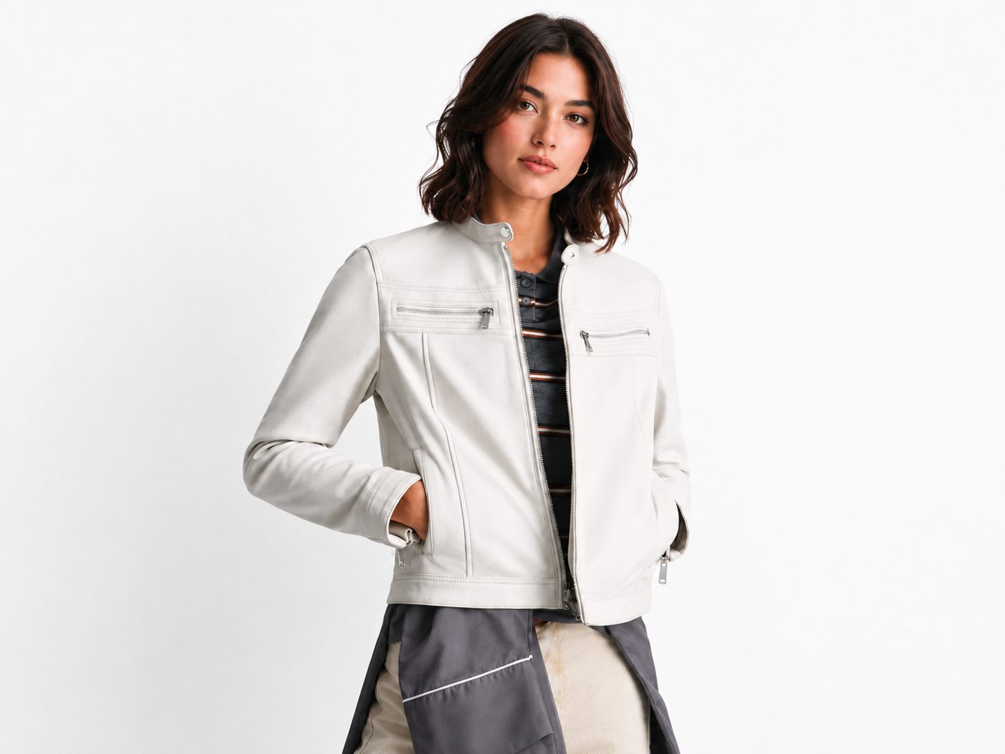 Women’s Genuine Lamb Leather Racer Jacket with Stand Collar