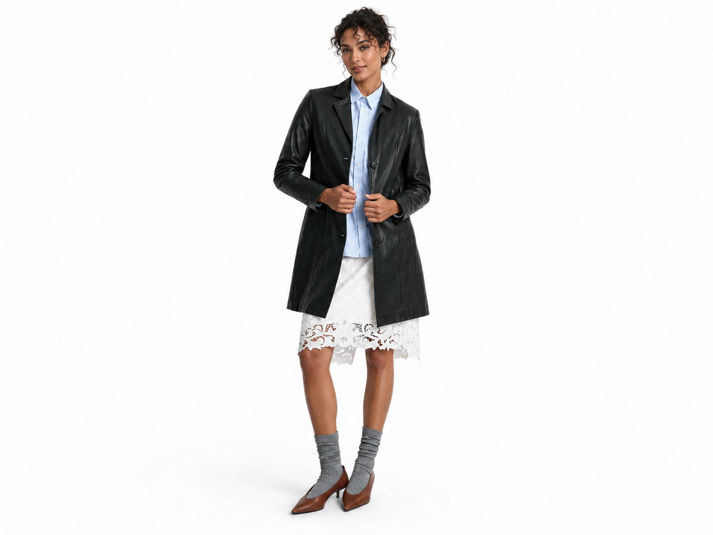 Women’s Genuine Leather Button-Down Trench Coat