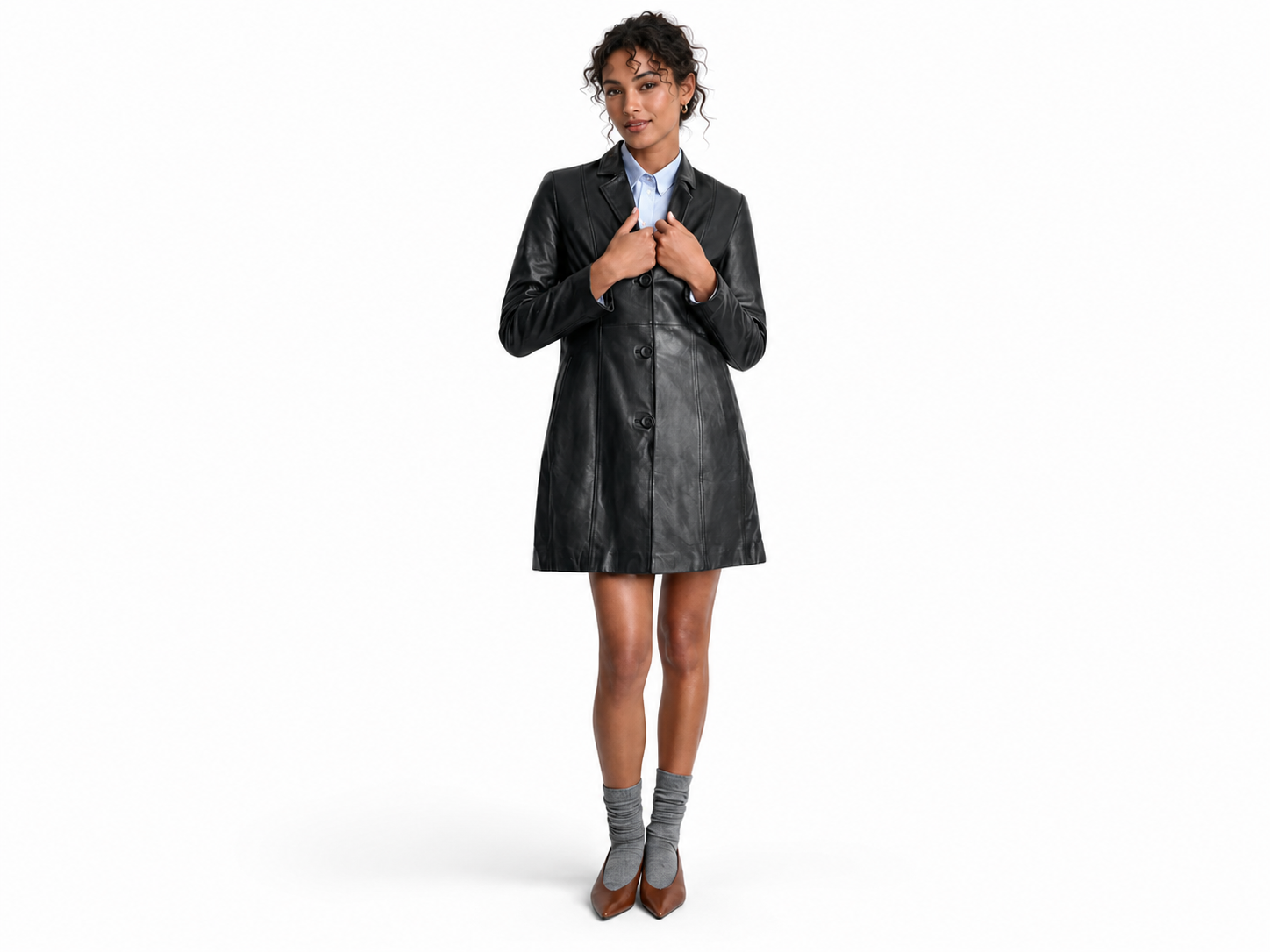 Women’s Genuine Leather Button-Down Trench Coat
