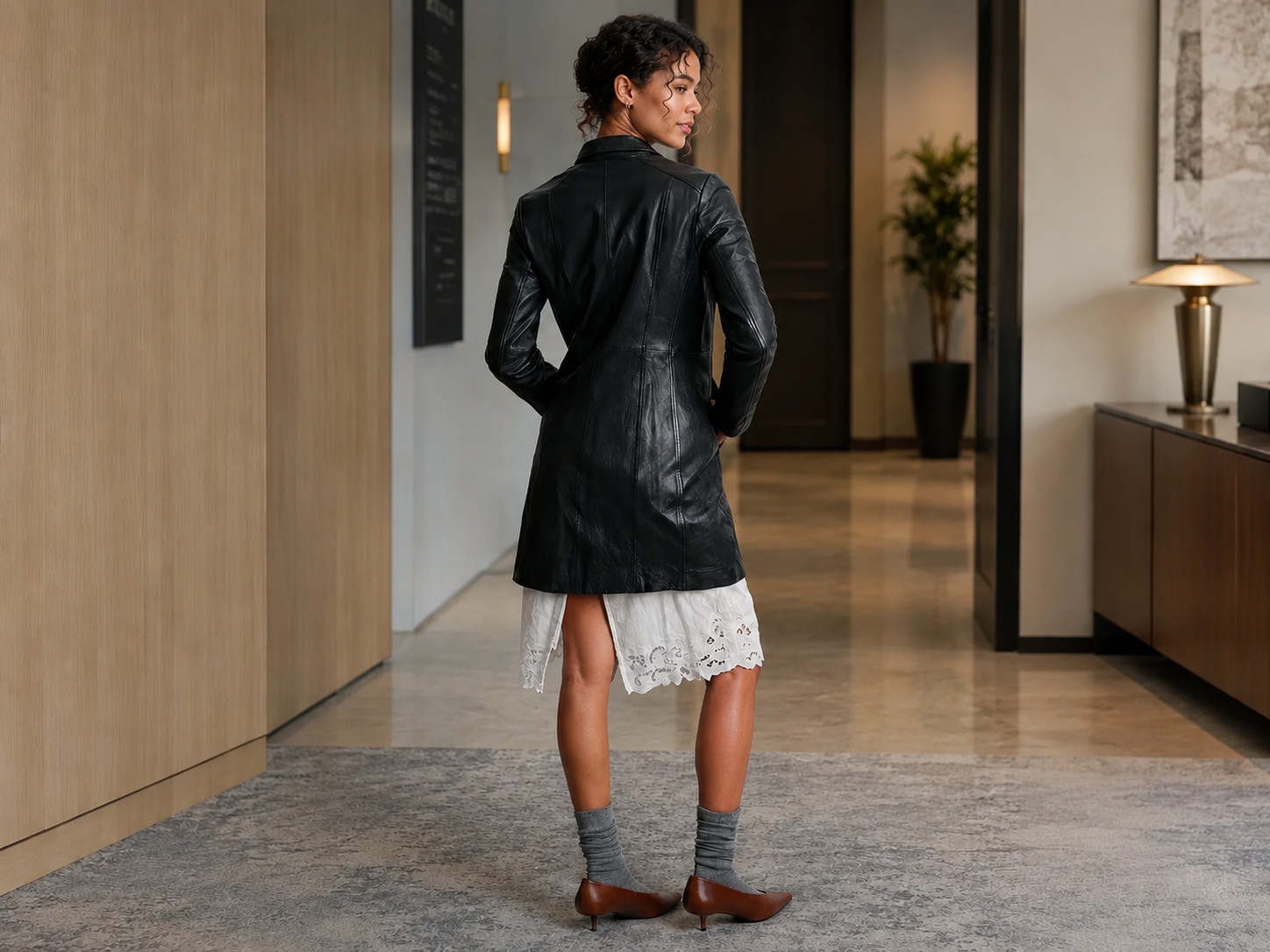 Women’s Genuine Leather Button-Down Trench Coat