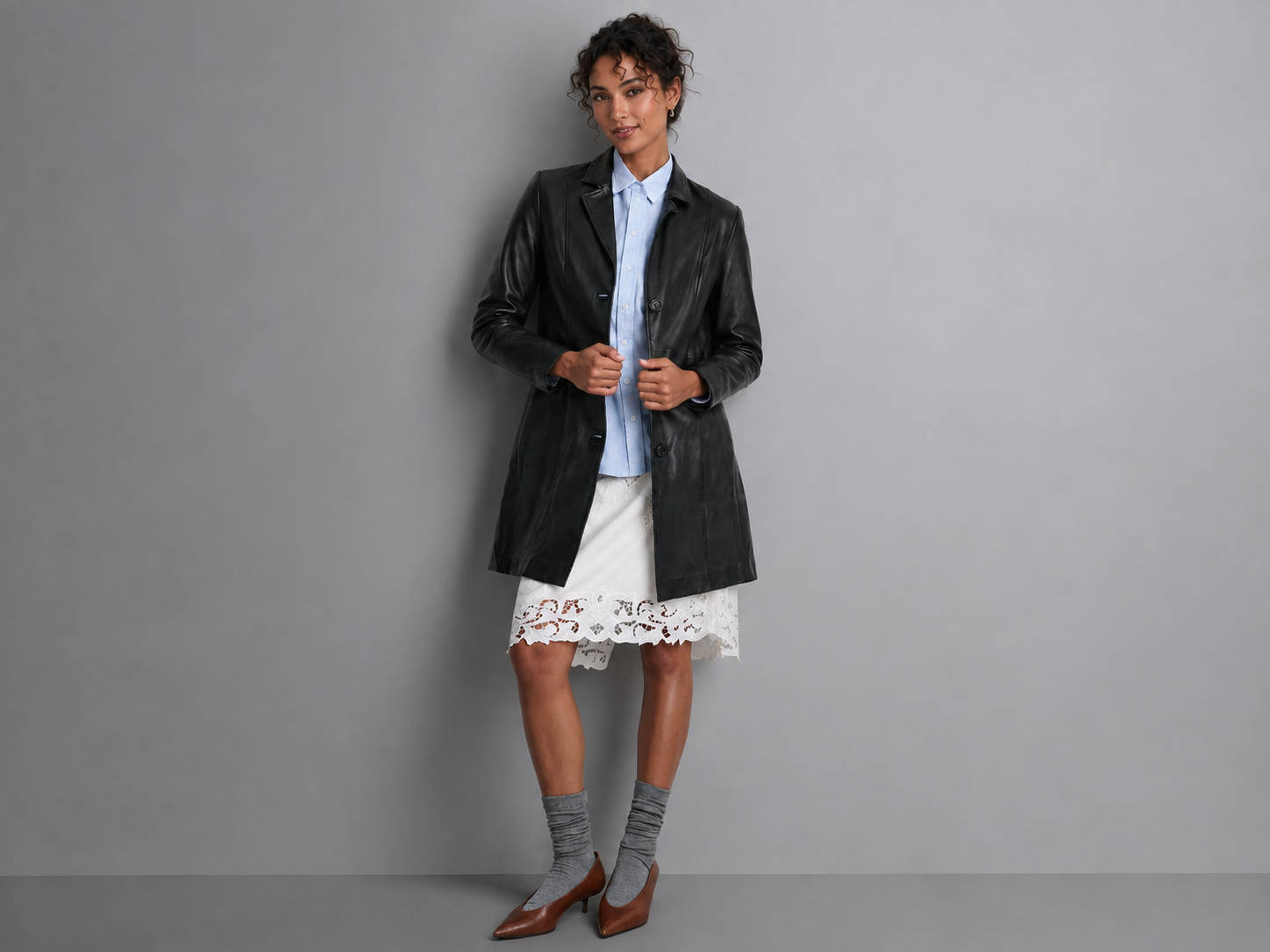 Women’s Genuine Leather Button-Down Trench Coat