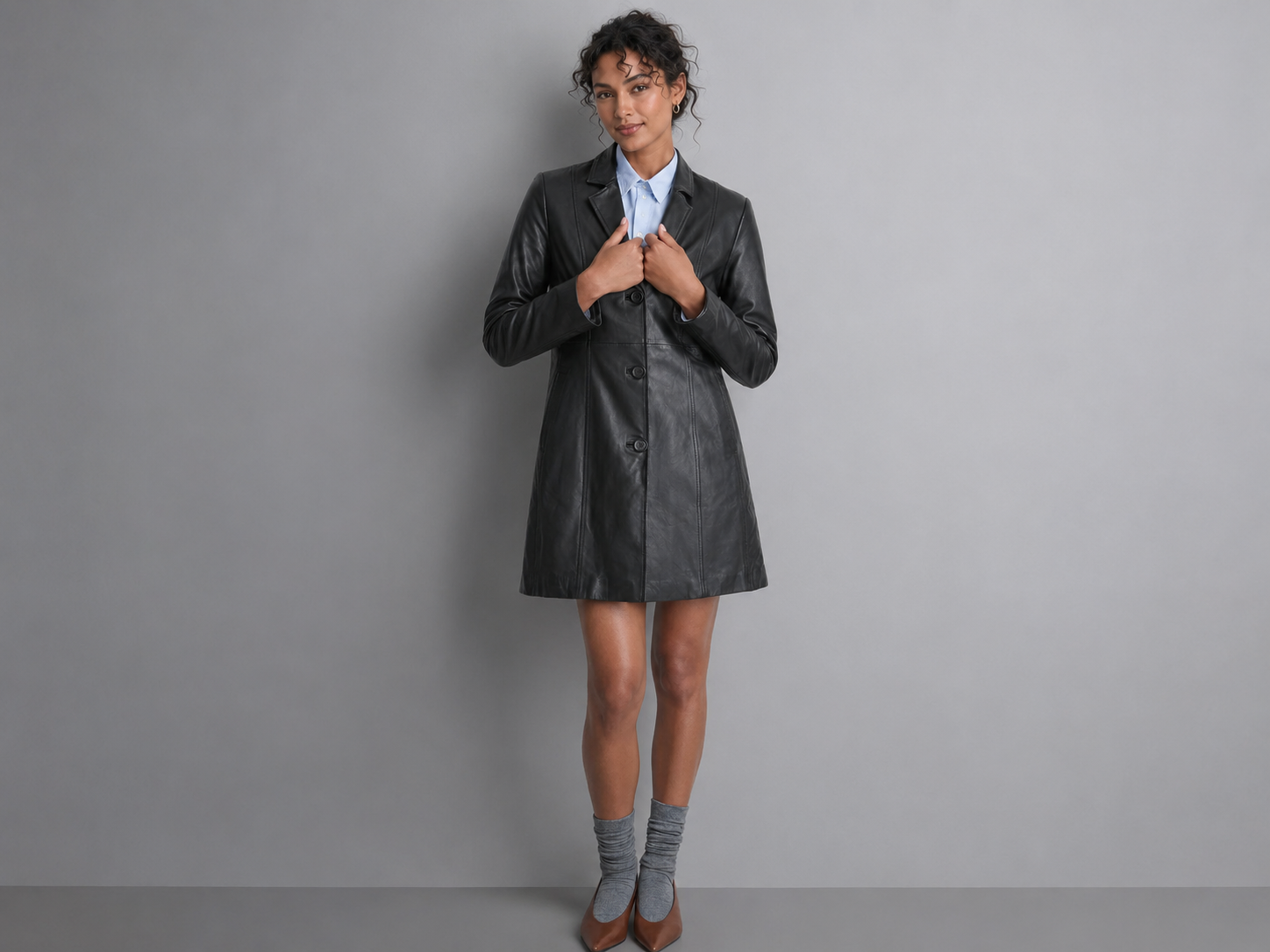 Women’s Genuine Leather Button-Down Trench Coat