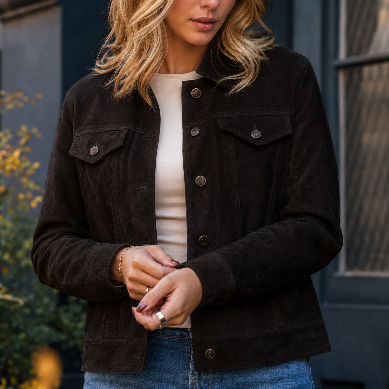 Women’s Chocolate Waxed Suede Trucker Jacket