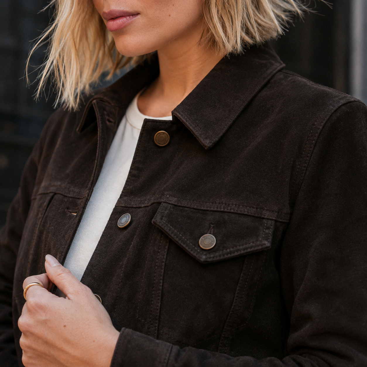 Women’s Chocolate Waxed Suede Trucker Jacket
