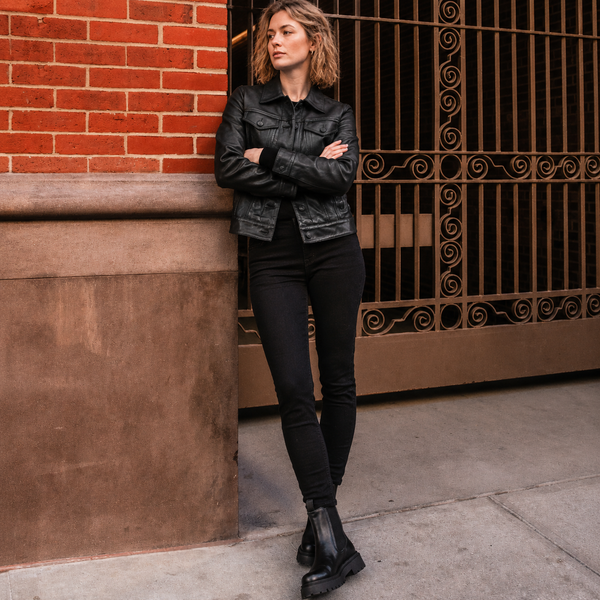 Women’s Black Lambskin Leather Trucker Jacket